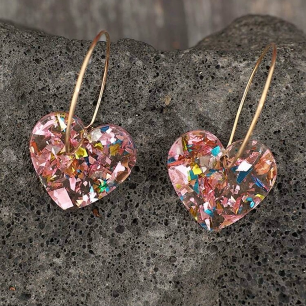 Colorful Glitter and Clear Heart Drop Earrings - Picture 4 of 5